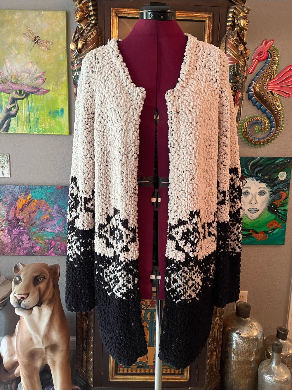 Solitaire Black and Cream Textured Open-Front Cardigan